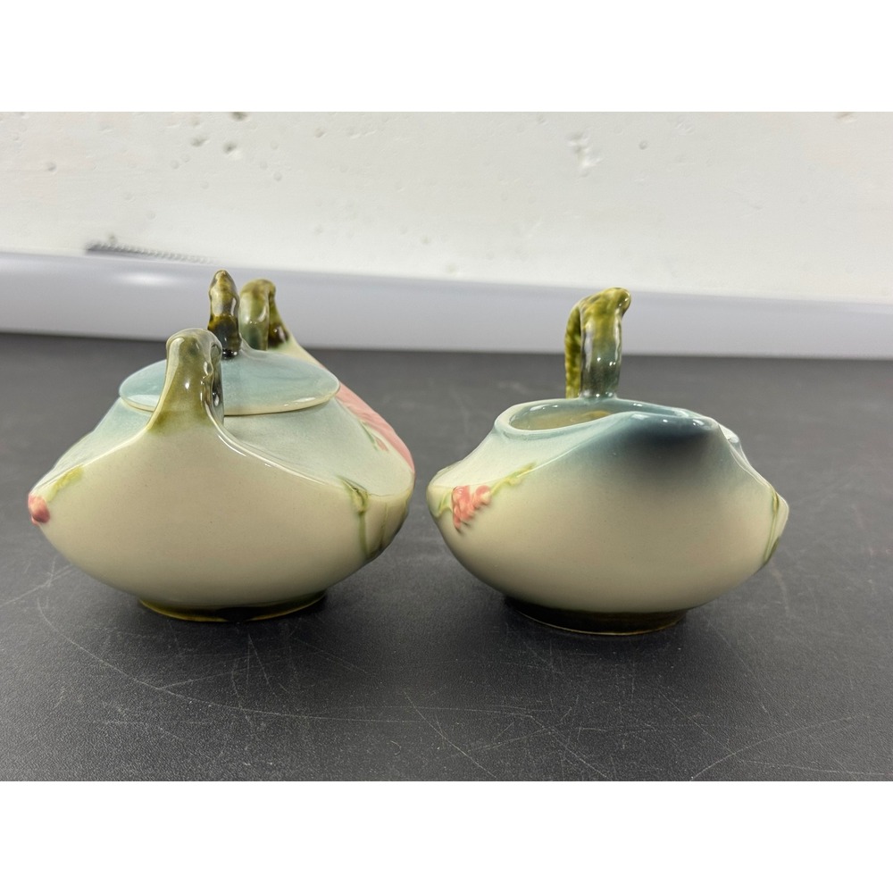 Hull Pottery Wildflower Sugar Bowl and Creamer Set W27 W28 Pink Green Vintage - Picture 4 of 14